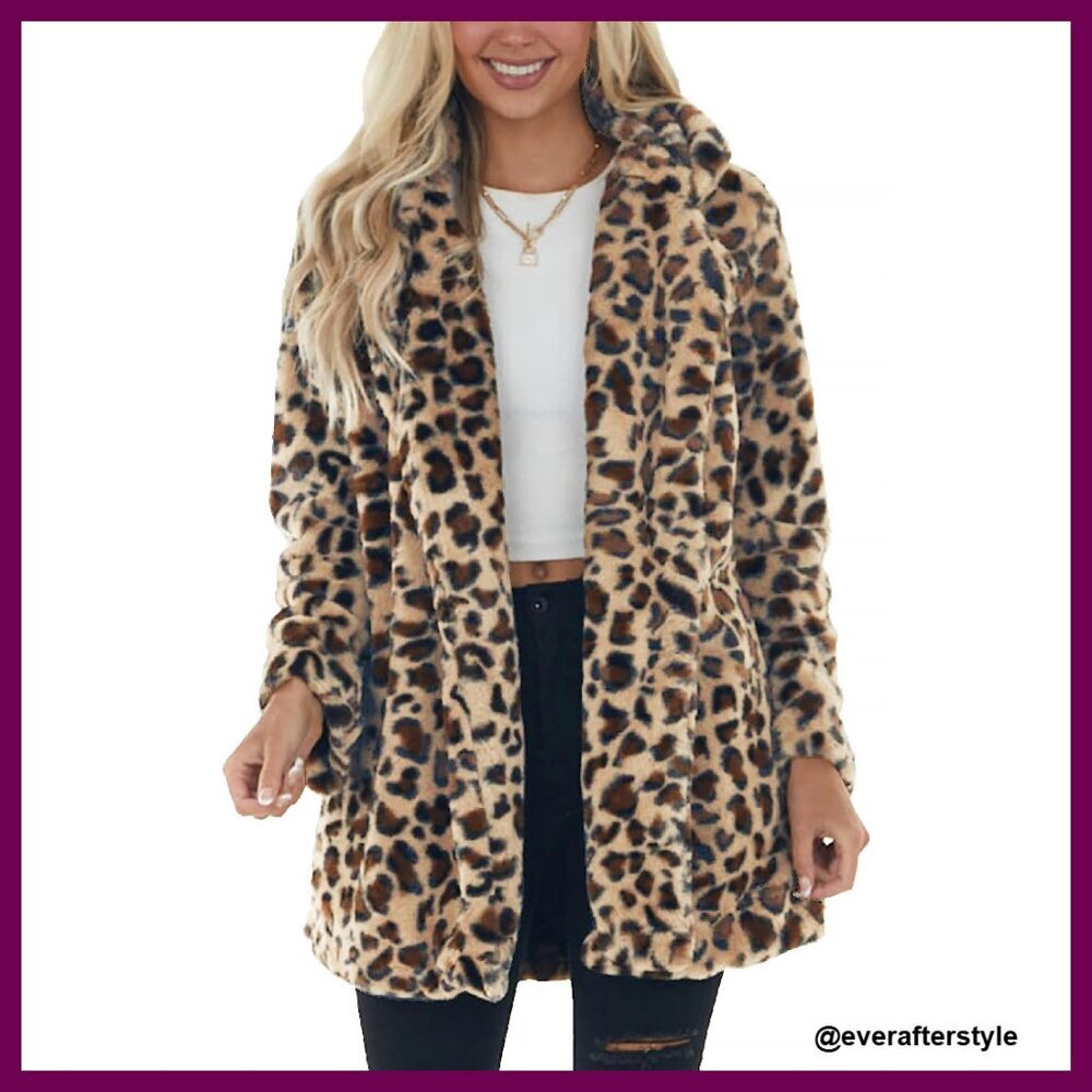 Faux Fur Leopard Jacket Oversized Chic Warm Winter Outerwear Loose Fit